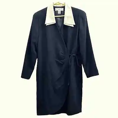 Jones New York Wool Vintage Wrap Dress W Satin Collar • $12.99
