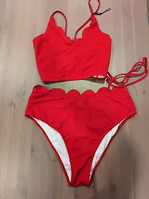 NEW Zaful Swimsuit Red 🍒 Scalloped Size 12 US 2 Piece Bikini • £18.32