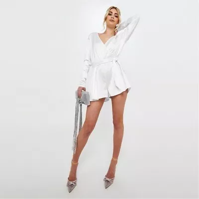 SIZE 10 - Wrap Front Satin Playsuit - White - BRAND NEW • £22