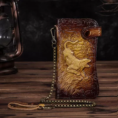 Men Real Leather Bifold Removable Iron Chain Wallet Dragon Tiger Embossed Purse • $24.69