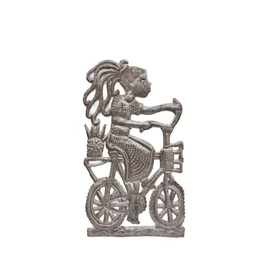 On Sale Slightly Imperfect Handcrafted Haitian Metal Art Girl Riding Bicycle • $46