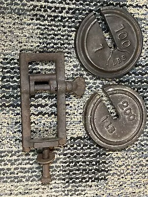 VINTAGE HANGING PLATFORM SCALE Misc Parts WEIGHTS SLOTTED Old Cast Iron Produce • $12