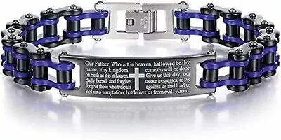 Mens Motorcycle Bike Link Chain Lord's Prayer English Cross Bracelet • £23.70