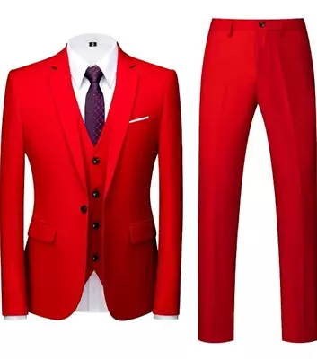 Men 3 Piece Red Suit Blazer Formal Wedding Business Office Outfit Size S • £49.95