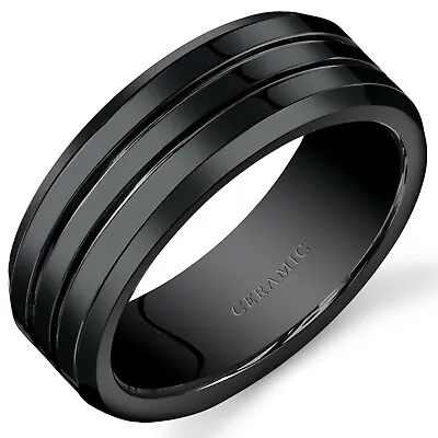 Mens 8mm Black Ceramic Wedding Band Ring Twin Grooves Sizes 7 To 14 • $29.99