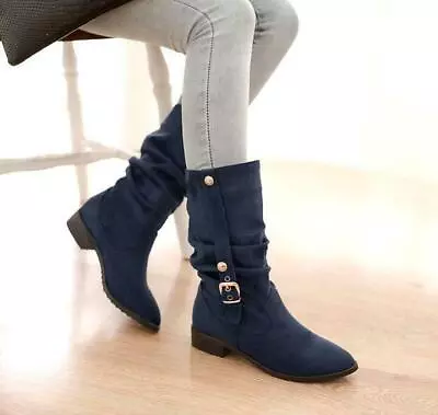 Womens Mid Calf Boots Slouch Boots Flat Low Heel Buckle Causal Shoes Pumps Plus • $97.21