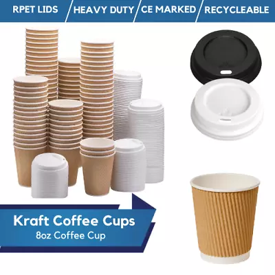 Disposable Coffee Cups Paper Kraft Ripple Cups & Lids Hot Drinks Triple Layer • £7.29