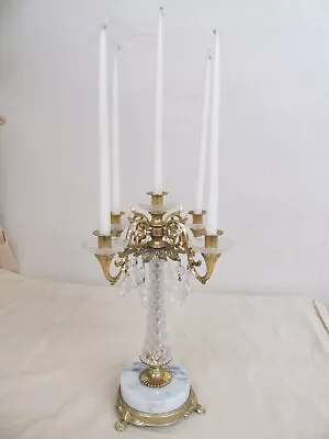 Vtg Candle Holder Marble Base Brass Tone Arms Lucite Stem Crystal Teardrops • $12.99