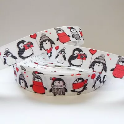 Per Metre - Penguins - 22mm / 7/8in Printed Grosgrain Ribbon / Cake/ Bow • £1.49