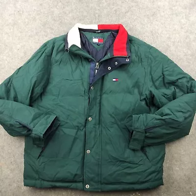 Vintage TOMMY HILFIGER Jacket’s Men Large Green Flag Logo Down Insulated 90s • $62.39