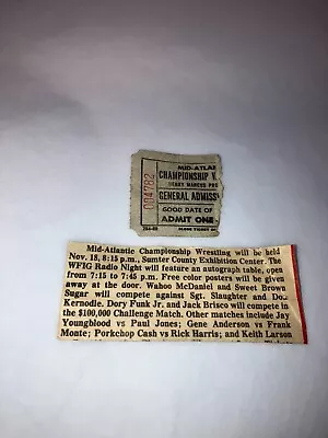 Original 1980's NWA Mid-Atlantic Wrestling Ticket Stub W/ Newspaper Clipping WWE • $29.99