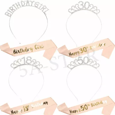 Happy Birthday Sash Tiara Set 16/18/21st/30/50/60th Girl Crown Rose Gold Party • £4.79