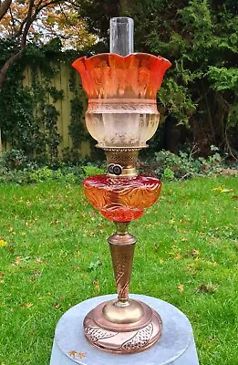 Original Victorian Arsenic Orange Glass Oil Lamp Molded Font Duplex Brass Base • £1295