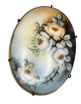 Vintage Antique Victorian Hand Painted Porcelain Floral C Clasp Oval Brooch Gift • $39.95