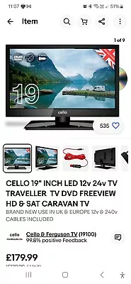 CELLO 19  INCH LED 12v 24v TV TRAVELLER  TV DVD FREEVIEW HD & SAT CARAVAN TV • £75