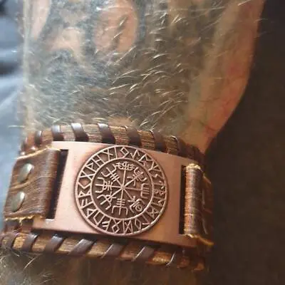 £8.95 • Buy Mens Viking Wide Genuine Leather Vegvisir/Mjolnir/Dragon/Wolf Bracelet Wristband