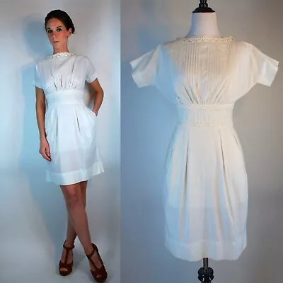 Vintage 50s Pintucked White Cut Out Party Dress W/ Pockets Pleated Skirt Mod XS • $78
