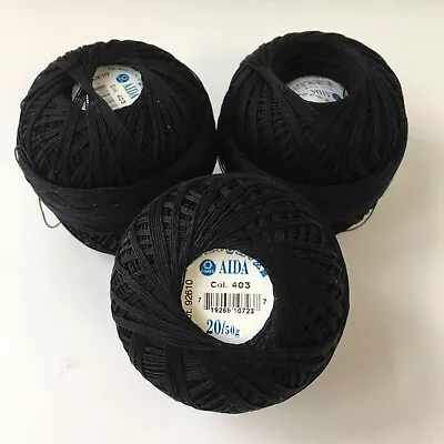 Three Full Balls Of Crochet Cotton Coats 'Aida' Black  Size 20 • £5