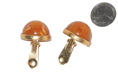 LES BERNARD 60s/70s VTG EGGYOLK AMBER LUCITE 1 X3/4  CABOCHON  EARRINGS COUTURE • $45