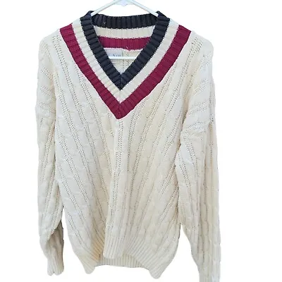  Vtg 90s Mens ASH CREEK Cable Knit Tennis Cricket Striped V-Neck Sweater SzL • $69.99