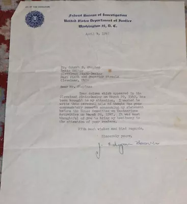 J. Edgar Hoover 1947 Autographed Letter On FBI Stationairy • $119.99