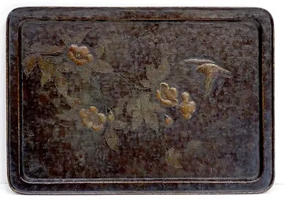 19C Antique MIXED METAL Japanese SHAKUDO Samurai Art BIRD & FLOWER Large Tray • $675