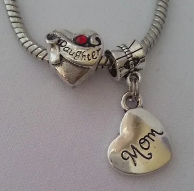 Mom Mother Daughter Heart Sideways Charm Pendant For European Bracelet Necklace • $14.98