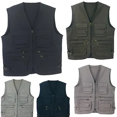 Men's Waistcoat Vest Utility Multi Pocket Workwear Body Warmer Gillet Fisherman • £12.96