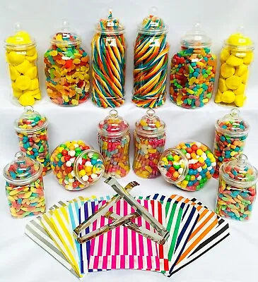 £17.99 • Buy 14 Plastic Sweet Jars, 7 Styles, 2 Tongs, 50 Bags For Truly Sweet Candy Buffet