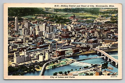 Minneapolis Minnesota Downtown Aerial View Riverfront Linen Postcard MN • $5.35