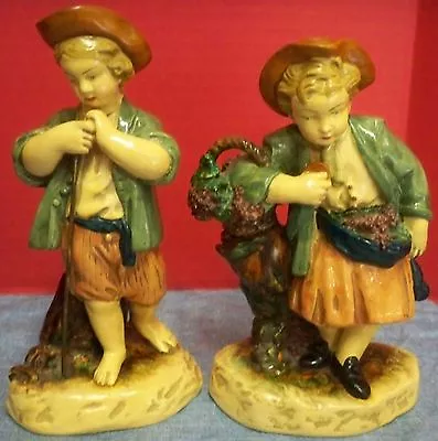 Vtg Set Of 2 Borghese Pottery Figurines Boys Men 7  T Grapes Metal Cane No Chips • $19.99