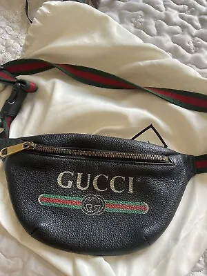 $395 • Buy GUCCI Logo Printed Small Black Belt Bag Fanny Pack Sz 95 Made In Italy