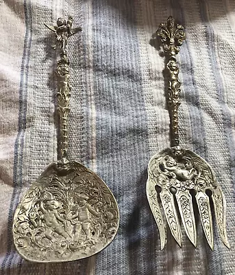 VINTAGE ORNATE ITALIAN SERVING SET FORK AND SPOON W/CHERUBS • $4.99