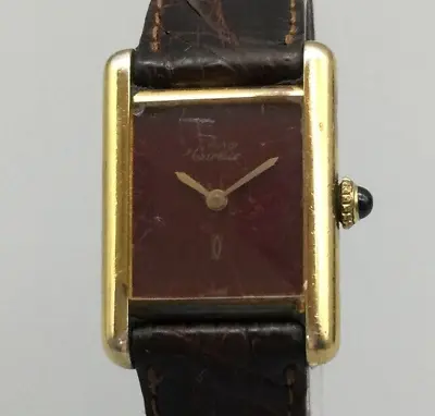 Vintage Must De Cartier Watch Women Tank 925 Gold Plated  Red Dial Leather 20mm • $1199.99