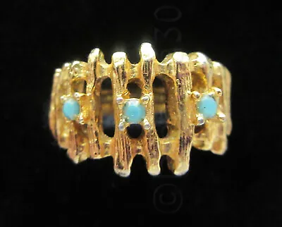 VINTAGE BRUTALIST MODERNIST RING GOLD TONE W 3 BLUE FX TURQUOISE AQUA STONES MCM • $34.99