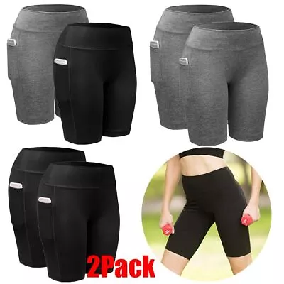 2Pack Womens Soft High Waist Yoga Biker Shorts Pants With Pocket Yoga Leggings • $18.96