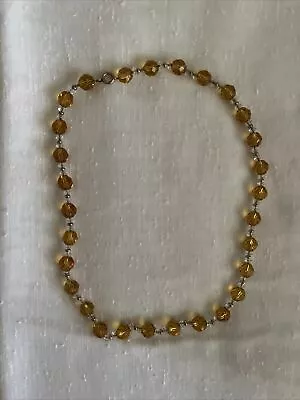 Vintage Simmons Amber Crystal Beads Gold Spacers Necklace Strung GF Chain 18  • $15.50