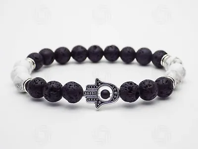 Howlite Hamsa Bracelet Lava Hand Of Fatima Gemstone Luck Reiki Evil Eye Gift UK • £5.99