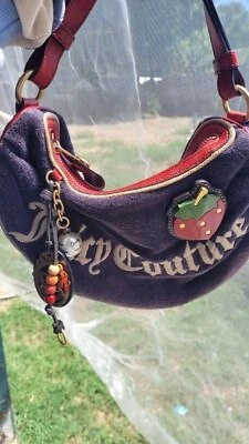 $150 • Buy Vintage Juicy Couture STRAWBERRY Charm Navy Blue Terry Hobo Shoulder Bag