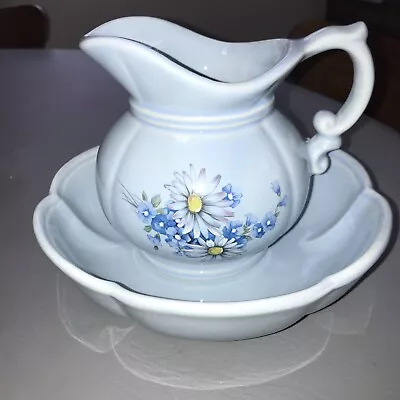 Vintage McCoy Pottery Pitcher & Bowl  Basin #7528 Powder Blue Floral Flowers USA • $22.99