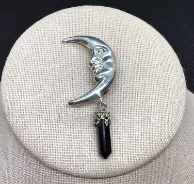 $18.99 • Buy Vintage Sterling Silver 925 Half Moon Face Drop Black Onyx Stone Pin V955