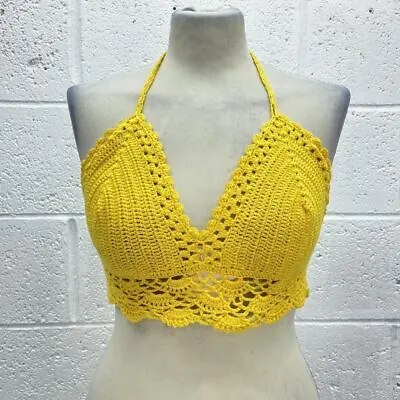 Yellow Crochet Bralet Crop Top Knitted Uk M Halterneck Sleeveless Strappy • £9.99
