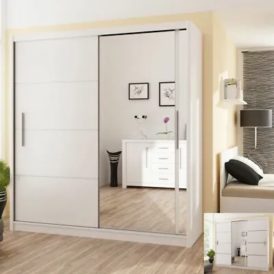 Modern Bedroom Sliding Door Wardrobe With Mirror DAKO VESTO White 4 Sizes • £19.99