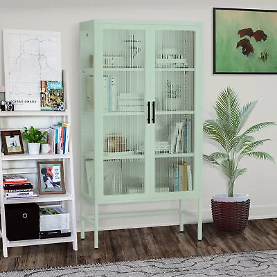 Metal Storage Cabinet With Fluted Glass Doors Tall Curio Display Cabinet • $315.86