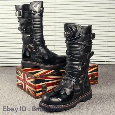 Gothic Mens Motorcycle Punk Lace Up Knee High Boot Military Black Biker Shoes • $74.66