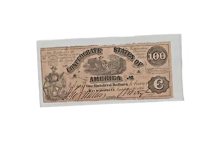 $100 1861 Richmond Virginia Confederate Currency Bank Note Bill T13 • $229