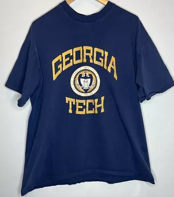 Vintage 90s Georgia Tech Yellow Jackets T Shirt Navy Blue College Sz 2XL • $20