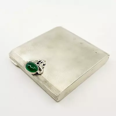 Vintage 800 Silver Engine Turned Mirror Compact Green Chrysoprase Accent • $145