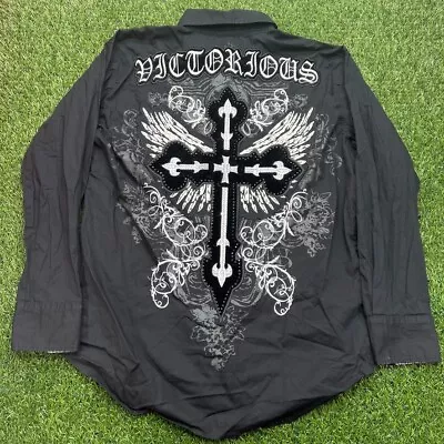 Victorious Urban Couture Button Shirt Large L Men Black Embroidered Velvet Cross • $24.99