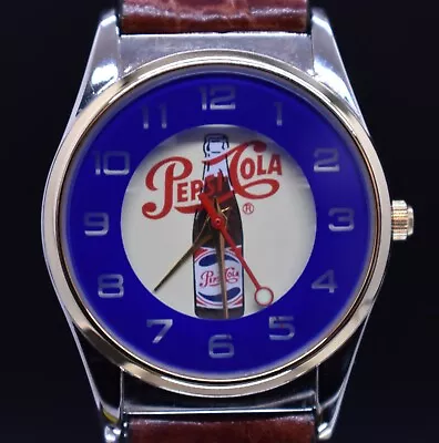 Vtg PEPSI COLA Bottle Logo Promo Watch Advertising Leather NEW BATTERY • $29.60